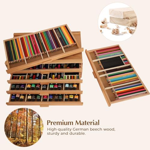 VISWIN Upgraded 6-Drawer Wood Artist Supply Storage Box with Removable Dividers, Premium Beech Wood Art Storage Box, Portable Organizer Box for Paints, Markers, Pencils, Pens, Brushes and Art Supplies