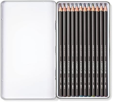 Staedtler Water-Soluble Tinted Graphite Pencils, Watercolor Artist Set, Pre-sharpened, 12 Colors in Metal Tin, 14610T M12