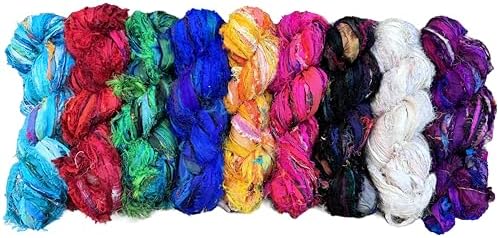 Maker's Craft Recycled Fuzzy Fringes Sari Silk Ribbon Yarn 35yards, 100Grams for DIY Knitting Crocheting Gift Wrapping, Christmas Decoration, Macrame Makers, Jewelry Making, Rugs Hooking (Yellow)