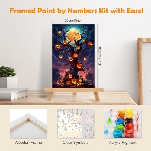 MOGTAA Halloween Paint by Numbers Kit for Adults Beginners with Frame, Pumpkin Tree Adult Paint by Number Kits on Canvas with Easel, Easy DIY Landscape Oil Painting Kits for Home Decor, 8x12in