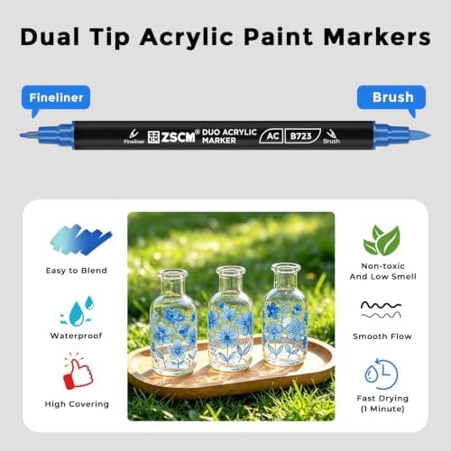 ZSCM 12 Blue Acrylic Paint Markers, Dual Fine & Brush Tip Acrylic Pens