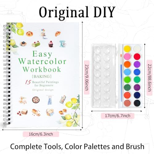 Watercolor Workbooks, 16 Colors Water Color Books Paint Set for Adults, Watercolor Coloring Book for Beginners, Water Color Workbook, 15 Beautiful Paintings for Beginners (Baking)