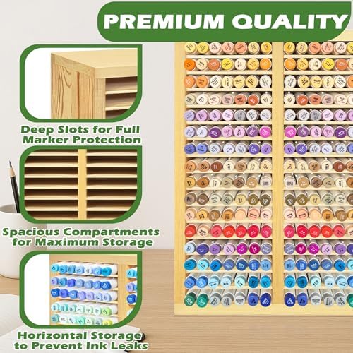 PROLEE Marker Organizer for 224 Markers, Wooden Alcohol Marker Holder with 32 Compartments, Horizontal Art Pen and Pencil Storage Rack for Desk, Classroom and Studio, Natural