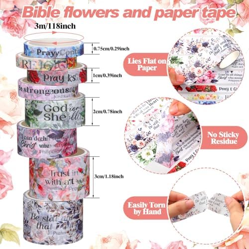 24 Rolls Christian Washi Tape Gifts, Watercolor Floral, Multi Size