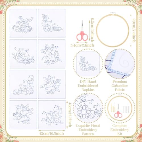 Tioncy 8 Sets Mexican Embroidery Napkins Kit Servilletas para Bordar a Mano Including Mexican Napkin Bamboo Hoop Color Threads and Needles for Beginners Adults DIY Hand Craft Gift(Floral)
