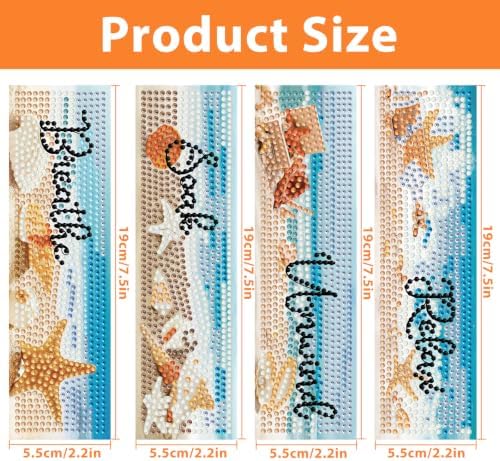 Mandun 4 Pcs Diamond Painting Bookmark Kits, Special Shaped Diamond Art Bookmarks with Pendant, DIY Beach Diamond Art Bookmarks with Tassels Crafts Gifts Supplies