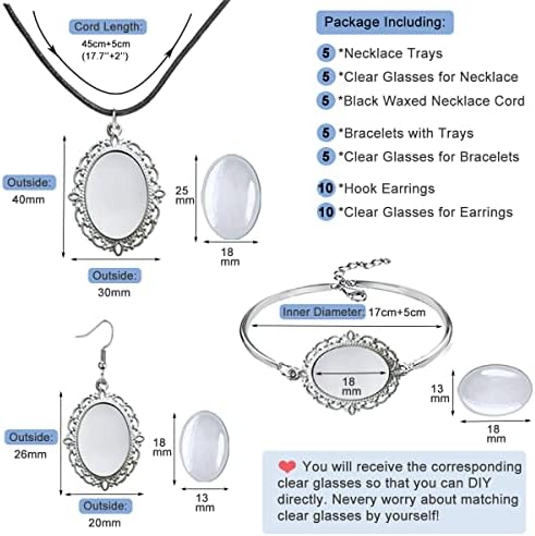 J6QIHANG 45pcs Oval Pendant Trays Kit with Glass Cabochons