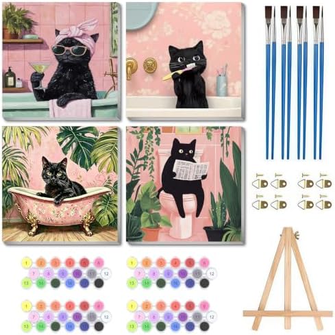 4 Pack Framed Black Cat Paint by Numbers Kits for Adults with Easel (8x8in)