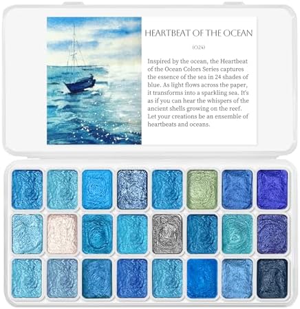 CraftyManor Mini Glitter Watercolor Paint Set with Paper, 24 Colors Shimmer Metallic Watercolour Painting Sets, Solid Pearl Water Color Paints for Adult, Blue 1ml (Heartbeat of the Ocean)