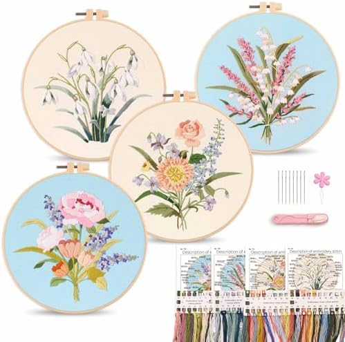Harimau Adult Beginner Embroidery Starter Kit, Complete Set with 4 Patterns, 2 Hoops, Needles, Scissors, Instruction Guide & Stitching Video Tutorials