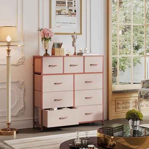 WLIVE Tall Dresser for Bedroom, 9 Drawer Chest of Drawers, Pink | 9 roomy fabric drawers, Tall storage design, Bedroom or closet use, Sturdy steel frame, Smooth wood tabletop