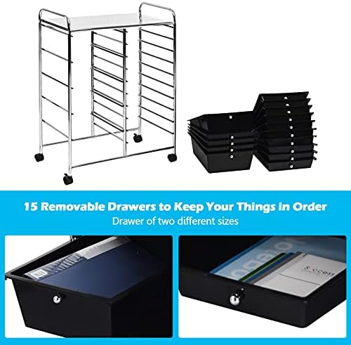 GOFLAME 15-Drawer Rolling Storage Cart, Craft Storage Cart with Removable Drawers & Lockable Wheels, Art Cart Supply Storage Organizer for Home Office Classroom, Black