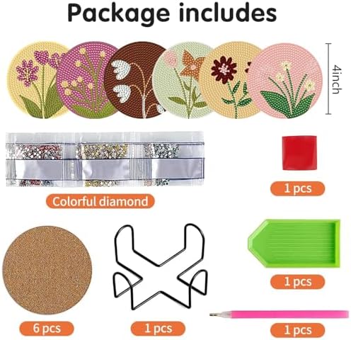 DOTSOPS 6 Pack Flower Diamond Art Coasters with Holder for Adults 4 in