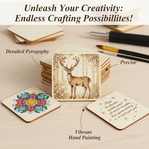 48 Piece Unfinished Blank Wood Sheets,3 Different Size Wood Square Slices Cutouts for Wood Burning Projects, Decoration DIY Wooden Craft Art Supplies