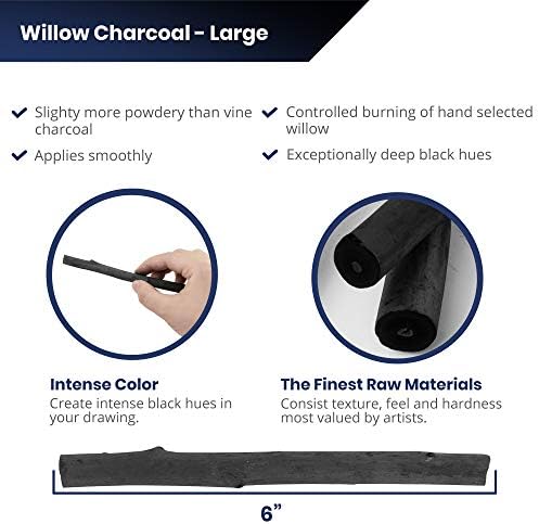 Pacific Arc Large Vine Charcoal Stick 5/Pkg, Soft, Black, Thick Willow Charcoal for Sketching and Drawing
