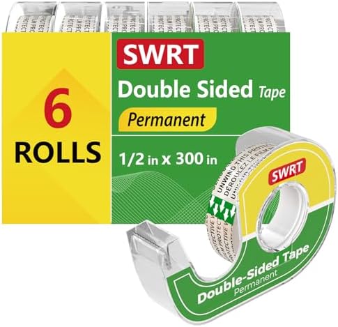 SWRT Double-Sided Tape for Crafts, 1/2 in x 300 in, 6 Pack with Dispensers