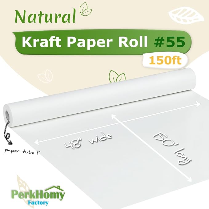 PerkHomy White Kraft Paper Roll 48" x 1,800" (150') for Gift Wrapping Bouquet Flower Art Painting Craft Writing Packaging Shipping 80GSM 55LB (White, 48" x 150')
