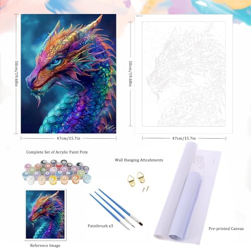 Natuyalo Paint by Numbers Kits for Adults Colorful Dragon Paint by Number for Adults Beginner Animal Drawing Paintwork with 3 Paintbrushes Acrylic Canvas Painting 16x20 Inch