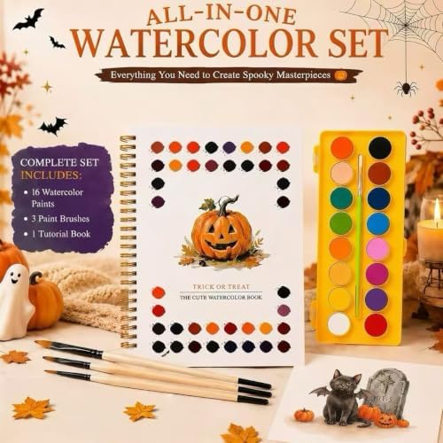 Halloween Pumpkin Watercolor Workbook, 16 Colors, 3 Brushes