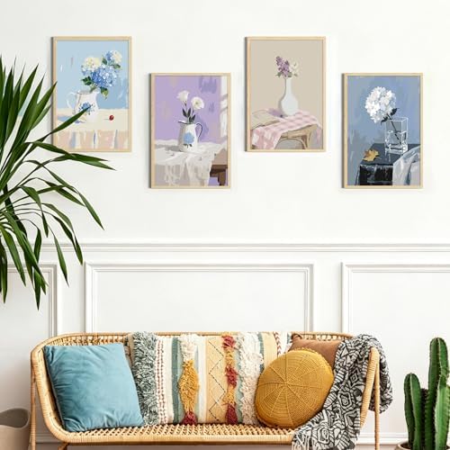 4 Pack Framed Paint by Numbers Kit for Adults Beginner with Wooden Easel, Flowers Vase Easy Paint by Numbers with Frame, DIY Adult Paint by Numbers Kits on Canvas Framed for Home Decor Gift 8x12 Inch