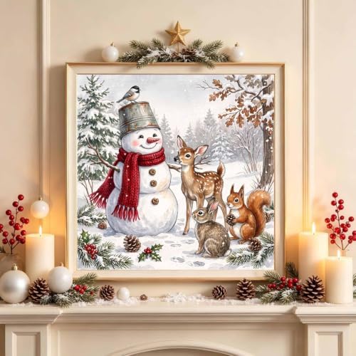 Christmas Diamond Art Kits for Adults,Snowman with animals Diamond Painting