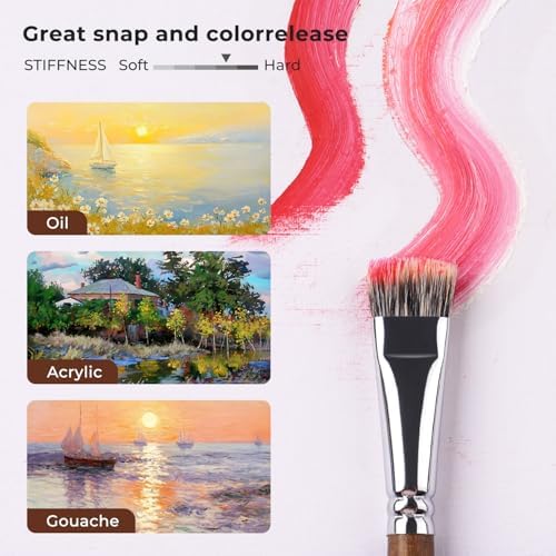 Fuumuui Professional Paint Brush Set, 4Pcs Natural Badger Hair with Flat Shape Blending Mop Oil Paint Brushes for Acrylic Painting Oil and Gouache