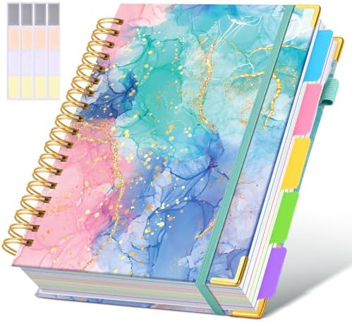 Hardcover Spiral Notebook journal with Removable Dividers Tabs, 300 Pages 5 Subject Notebook College Ruled, 100GMS Notebooks for Work School Note taking,Lined Journal for Women,Pink Blue Marble