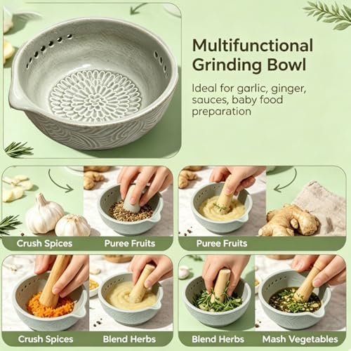 Ceramic Grater Bowl, 2-in-1 Garlic Grater & Herb Stripper (white, 7Holes)
