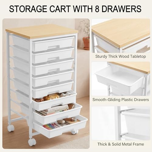 Rolling Cart with 8 Drawers, Rolling Storage Cart with Wooden Tabletop and Lockable Wheels, Craft Storage Cart for Living Room, Office, Classroom, Craft Room, Bedroom, Craft Organization and Storage