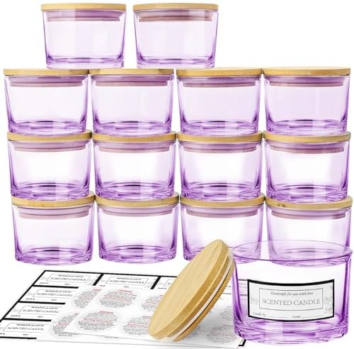 CONNOO 15 Pack 4oz Purple Glass Candle Jars with Airtight Bamboo Lids