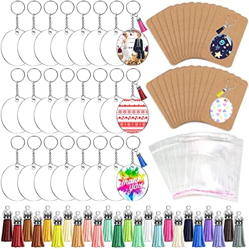 ZOCONE 144 PCS 2 INCH Acrylic Keychain Blanks Set, Clear Circle Acrylic Blank Bulk with Keychain Ring, Display Card, Packing Bag, Jump Rings, Tassels for Vinyl DIY Keychain Earring and Craft Project