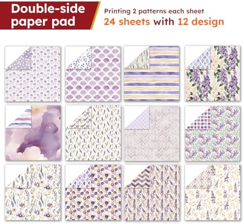 6 Inch Purple Scrapbook Paper Pad - 24 Sheets Double Sided Flower Aesthetic Supplies for Journaling Collage Art Origami Cards DIY Gift Wrapping Folded Photo Album Handmade Decor Craft