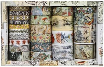 Vintage Washi Tape Set - 24 Rolls Arts Adhesive Tapes Assorted Retro Decorative Masking Tape Sets for Craft, Kids, Scrapbook, DIY, Gift Wrapping (3-Ocean Odyssey)
