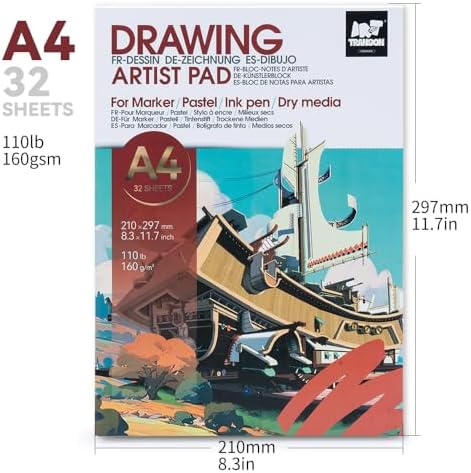 TRANSON A4 Sketchbook Marker Pad, 110lb/160gsm Heavyweight Art Paper, No Bleed Through, 32 Sheets/64 Pages 8.3"x11.7" for Drawing & Sketching