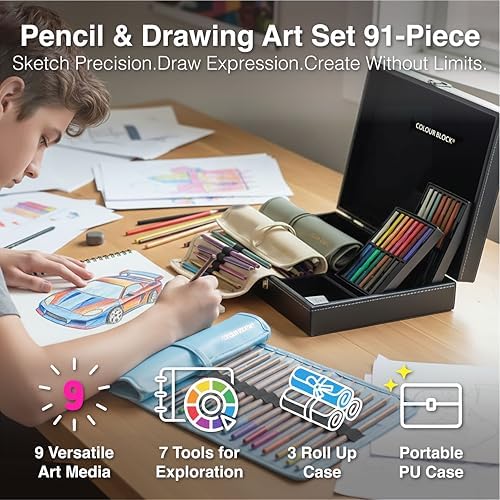 COLOUR BLOCK 91-Piece Sketching & Drawing Art Set with PU Carrying Case - Colored, Metallic, Charcoal, Pastel Pencils, Soft Pastels, Charcoal & Graphite Sticks, Sketchbook, Tools for Teens, Adults