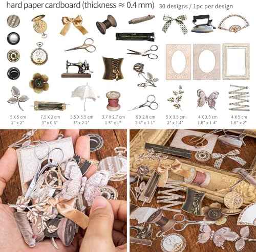 Mayplous 2 Packs Vintage Scrapbook Paper and Sticker Set – Sewing Theme Die-Cut Paperboard Retro Stickers with Cord, Bowknot & Button for Junk Journal, Scrapbooking, Handicrafts & Decoupage (Miller)