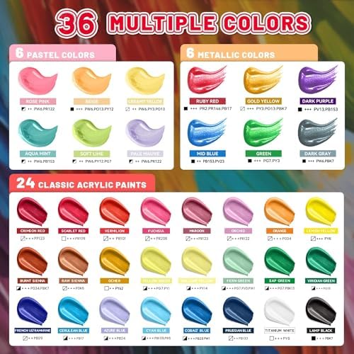 52 Pcs Classic & Metallic & Pastel Acrylic Paint Set with 12 Brushes, 2 Knives & Palette, 36 Colors (2oz/60ml) - for Adults, Kids, Artists & Beginners - Arts and Crafts Painting Kit