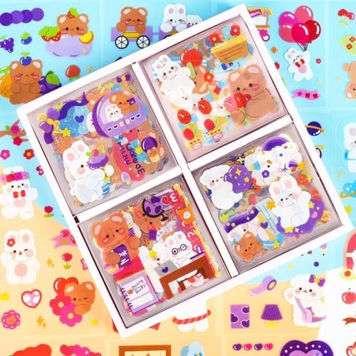 100 PCS Cute Cartoon Animal Stickers,Kawaii Transparent PET Sticker Sheets for Scrapbooking Bullet Journaling,Diary,DIY Arts Crafts,Album,Planners,Junk Journal