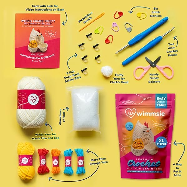 Wimmsie Crochet Animal Kit for Beginners - Easy Beginner Crochet Kit for Kids - Gift for Mom - Amigurumi Chicken Chick & Egg - 3 Kawaii Stuffed Animals - Cute DIY Yarn Plush