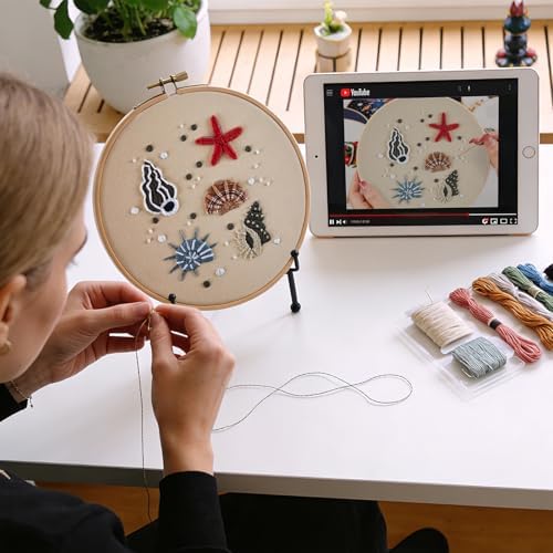 Beach Embroidery Kits for Beginners Adults, Coastal Hand Embroidery Set Needlepoint Kits, Stamped Cross Stitch Kits for Beginners Adults, 2 Embroidery Hoops, Fabric, Thread (Attached Video Tutorial)