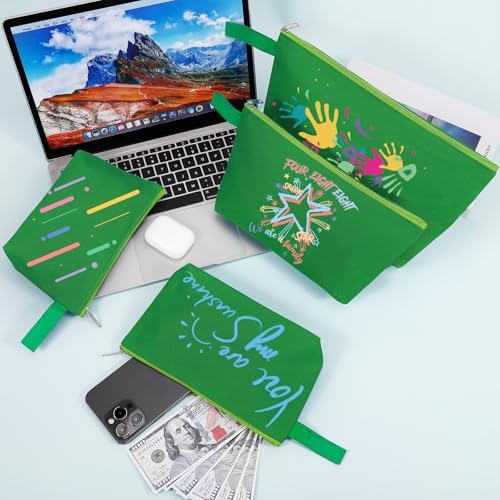 10 Pieces Cotton Canvas Makeup Bag with Bottom and Strap, Multi-Purpose Cosmetic Bag with Zipper Travel Toiletry Pouch, Blank DIY Craft Bag (Green, M)