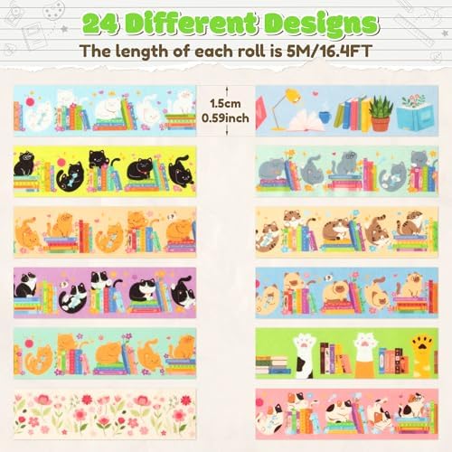 Cats Books Washi Tape - 24 Pcs Cute Trendy Colored Aesthetic Stacking Book Decorative Cat Paw Artistic Photo Scrapbook Masking Sided Adhesive Tape Set Supplies DIY Craft Bookish Gift Wrapping