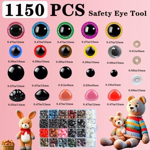 Amigurumi Safety Eyes Kit with Ergonomic Snapper Tool - 1150PCS 3D Glitter Safety Eyes and Noses for Crocheting, Beginner Friendly Stuffed Animal Eyes 5-30mm with Storage Case