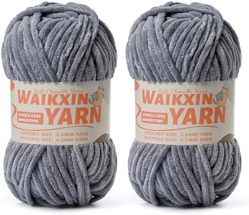 （2 Grey） 2 Pack Super Soft Fuzzy Chenille Chunky Yarn for Crocheting, 200g (175yds) Fluffy Velvet Yarn for Hand Knitting Baby Blankets Weaving Craft