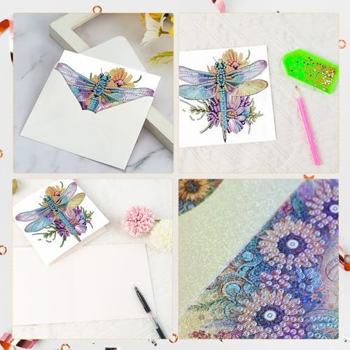 AiYuanzsh 6 Pack Diamond Art Greeting Card Kits with Envelope – Dragonfly Design Floral Crystal Rhinestone Birthday & Holiday Cards, DIY Postcards for Christmas, Thanksgiving, and Gifts