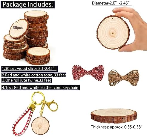 SENMUT Natural Wood Slices 30pcs 2.0"-2.45" Predrilled Wood Circles for Crafts Christmas Wood Slices for Crafts Round Wooden Discs DIY Wood Ornament