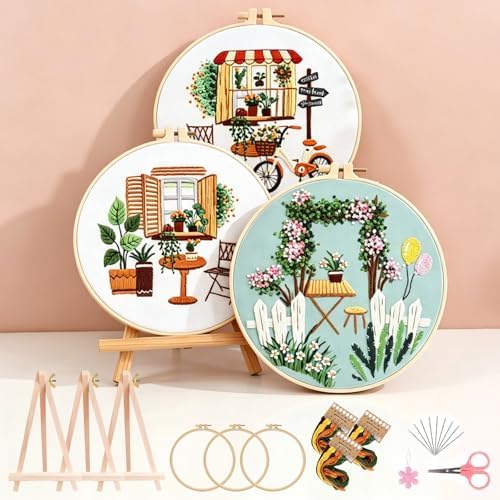 Qupace 3 Pcs Beginner Embroidery Kits for Adults - Garden Balcony Scene Pattern Cross Stitch, Green Themed Needlework Sewing Craft Kit,Farmhouse Kits