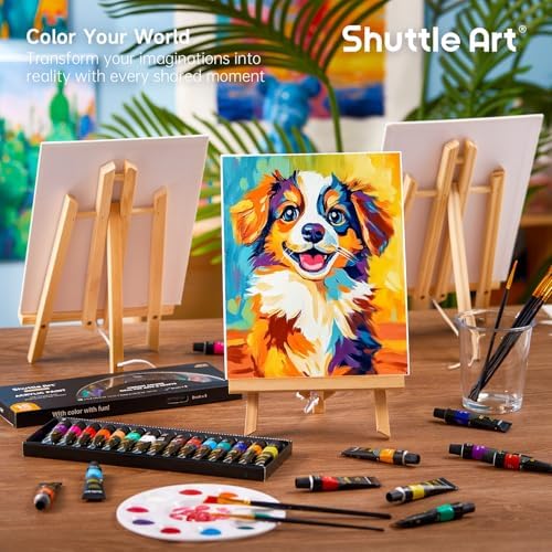 Shuttle Art 69 Pack Painting Kit for Adults and Couples, Sip and Paint for Date Night & Crafts, with 2 Packs 15-Color Acrylic Paint, 3 Wooden Easels, Canvas, Brushes & Palettes