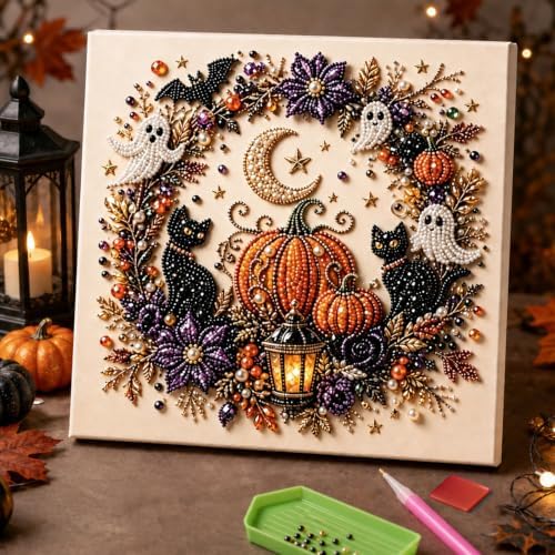 Halloween Pearl Art Kit for Adults, Halloween Ghost Pearl Art DIY Kit, Cute Pumpkin 3D Diamond Art Kits for Adults, DIY Fall Diamond Art Painting Home Decor Wall Art, Beginner DIY Seasonal Party Gift