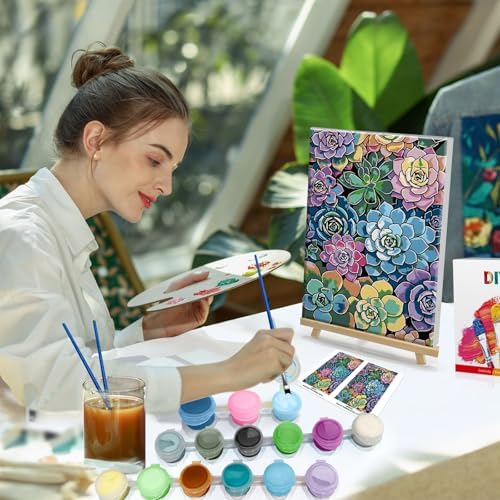 HeeBenor Framed Paint by Numbers Kit for Adults, Succulent Paint by Number with Easel, DIY Acrylic Oil Painting Kit, Adult Paint by Number Kits Framed Canvas for Home Decor 8x12 Inch